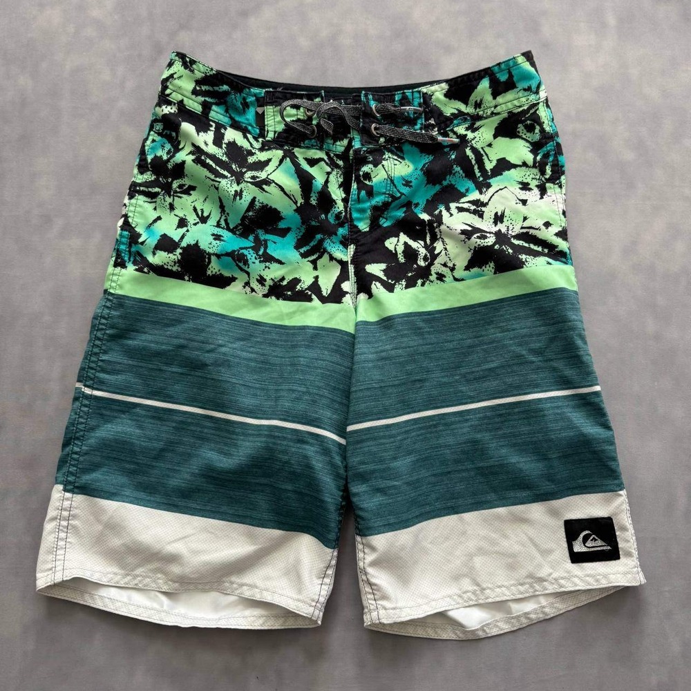 Quiksilver Boardshorts Mens 27 Green Black Tropical Floral Surf Swim Trunks‎